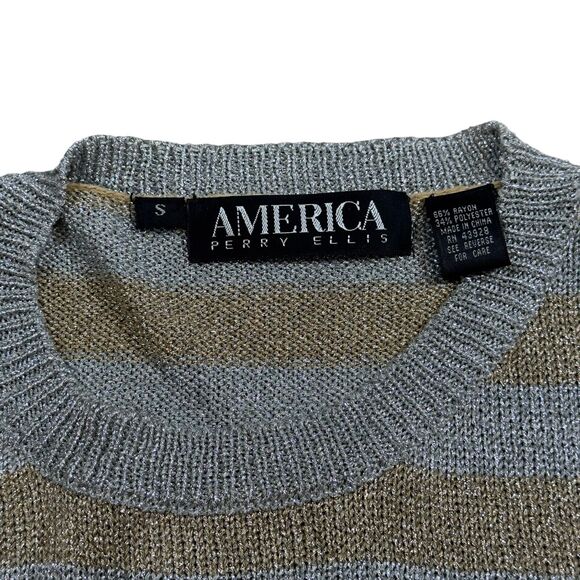 Perry Ellis Sweater Woman Small Gray Brown Stripe Crew Neck Long Sleeve Pullover - Picture 5 of 8
